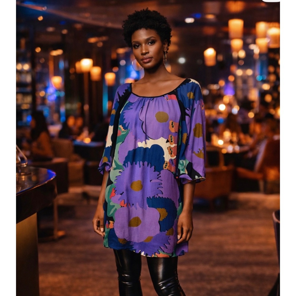 Tibi Silk Bold Floral Mini Tunic Dress Smock Neck Tie Back Purple Navy Size 2